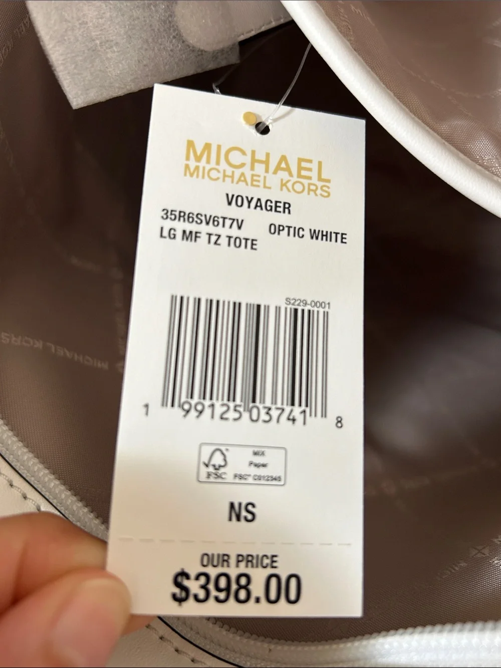 Michael Kors White Tote with Multicolor Luggage Tag Pattern